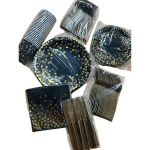 Premium Black and Gold Polka Dot Party Tableware Set‎ - Home Party Supplies